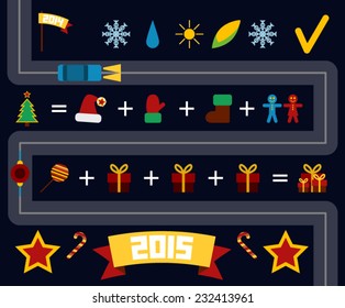 Road to new year. Icons and symbols. Car drive out from old to new year. 