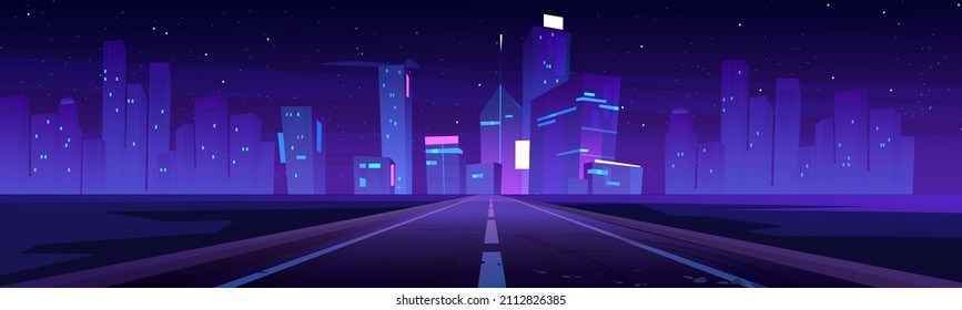 Road to night city, empty highway and glowing skyline with futuristic urban architecture, megapolis infrastructure with modern skyscraper buildings, purple neon background, Cartoon vector illustration