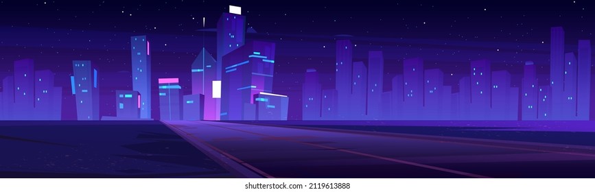 Road To Night City, Empty Highway And Glowing Purple Skyline With Futuristic Megapolis Modern Urban Architecture With Skyscraper Buildings, Towers On Neon Background, Cartoon Vector Illustration