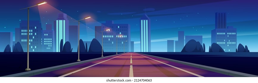 Road to night city, empty highway with glowing street lamps and skyline with urban architecture. Megalopolis infrastructure with modern skyscrapers under dark starry sky, Cartoon vector illustration