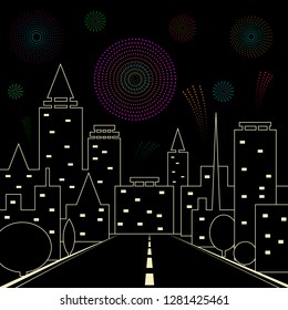 road in the night city. fireworks in the night sky above the city vector illustration. stars,skyline and salute.
