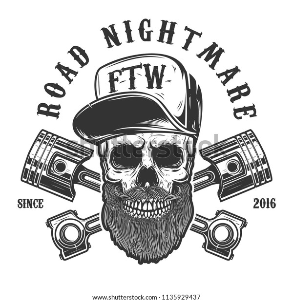  Road nightmare. Hipster skull in baseball\
cap with crossed pistons. Design element for logo, label, emblem,\
sign, poster, t shirt. Vector\
image