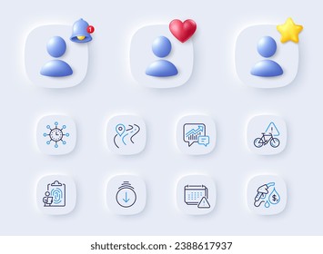 Iconos de la línea de atención de carretera, notificación y bicicleta. Marcador de posición con campana 3d, estrella, corazón. Paquete de estación de gasolina, Desplazarse hacia abajo, icono de contabilidad. Huella digital, pictograma mundial. Vector