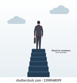 Road to nowhere landing page. A businessman is standing at the top of the stairs. Vector illustration flat design. Isolated on white background. The man at the top of the cliff.
