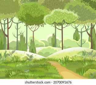 Carretera. Obliquialmente. Atractivo paisaje forestal. Estilo de caricatura. El camino a través de las colinas con hierba. Camino. Genial y romántico bonito. Ilustración de diseño plano. Arte vectorial