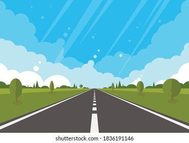 Road on background of natural landscape. Asphalt highway with markings in the countryside.