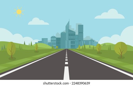 Road on background of natural landscape. Asphalt highway with markings in the city.
