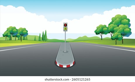 Road on background of natural landscape. Asphalt highway with empty road and traffic light illustration.