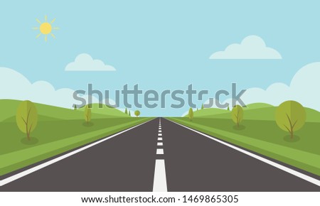 Road on background of natural landscape. Asphalt highway with markings in the countryside.