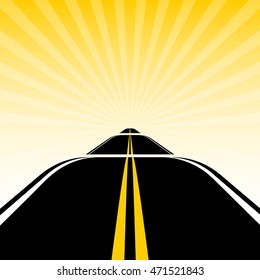 road on the background of sun rays