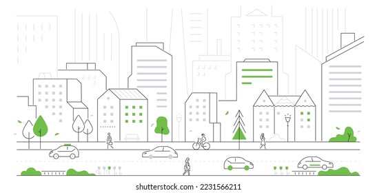 Road on the city background - thin line design style vector illustration. Composition with facade of buildings, roadway with cars, cyclists and pedestrians. Town life, infrastructure, real estate idea