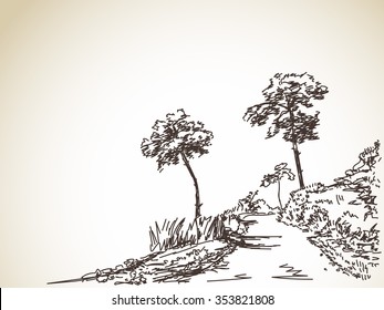 Camino sobre una colina, paisaje dibujado a mano