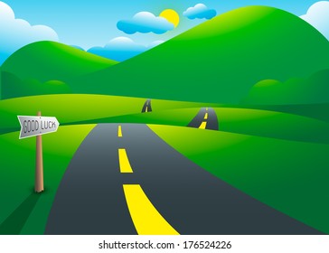 Road on the hills with mountain landscape, vector illustration
