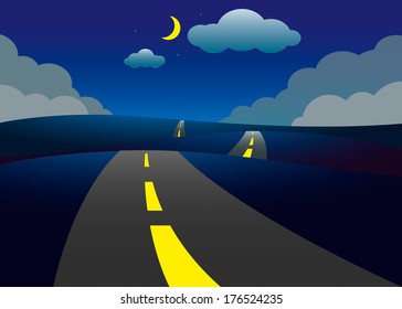 Road on the hills night landscape, vector illustration