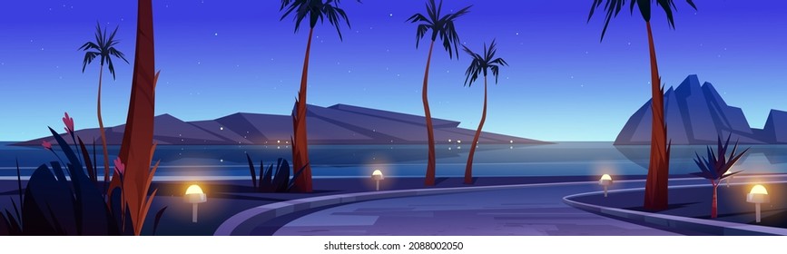 Road on sea beach with palm trees and rocks in water at night. Vector cartoon illustration of tropical landscape with highway, ocean shore with grass, flowers and mountains at evening