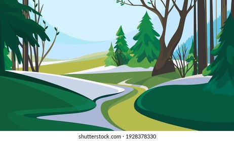 Road out of the forest. Spring nature landscape.