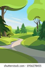 Road out of the forest. Summer landscape in vertical orientation.