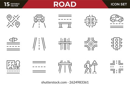 Road outline icon set. Road sign, fence, highway, highway and car traffic.Series in linear style. Outline icon collection
