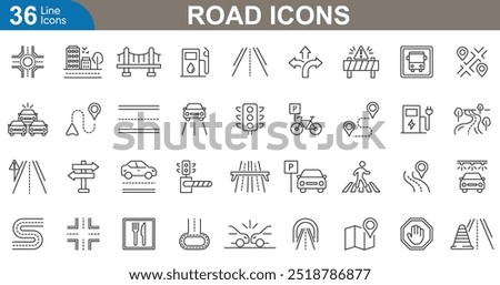 Road outline icons set. Traffic, highway, direction, arrows, GPS, stop, parking, vehicle, bus, lights and more. vector illustrator.