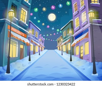 Road over the street with lanterns and a garland. Vector illustration of winter city street in cartoon style.