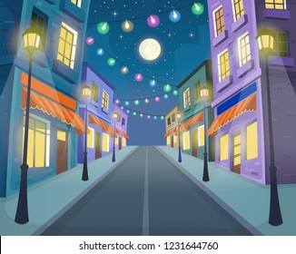 Road over the street with lanterns and a garland. Vector illustration of the city street in cartoon style.