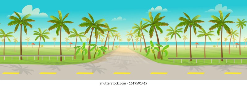 Road over the tropical island with palm trees.Vector illustration of tropical island in cartoon style. Background for games and mobile applications. 