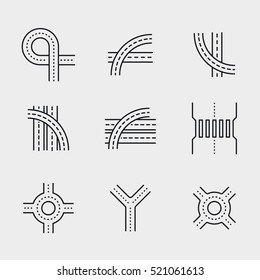 Road Overpass Crossroad Roundabout Minimalistic Flat Line Circle Solid Stroke Icon Pictogram Symbol Set Collection