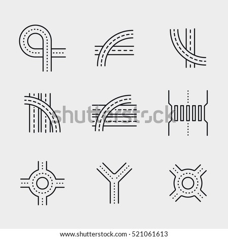 Road Overpass Crossroad Roundabout Minimalistic Flat Line Circle Solid Stroke Icon Pictogram Symbol Set Collection