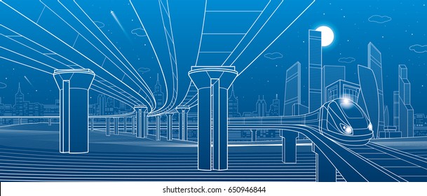 Road overpass. Transportation bridge. Train rides. Towers ans skyscrapers. Urban infrastructure, modern city on background, industrial architecture. White lines illustration, vector design art 