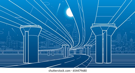 Road overpass. Transportation bridge. Urban infrastructure, highway, modern city on background, industrial architecture. White lines illustration, vector design art 