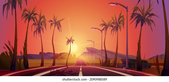 Road with palm trees by sides going into the distance sunset perspective view. Beautiful tropical dusk landscape with empty highway, red sky, bright sun go down the rocks, Cartoon vector illustration