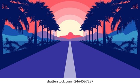 Road with palm trees and mountains in the background, flat synthwave art style. Road at sunset stretching into the distance, against the backdrop of the ocean or sea and mountains, palm trees.