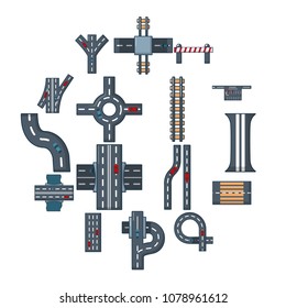 Road parts constructor icons set. Cartoon illustration of 16 road parts constructor module vector icons for web