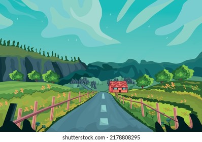 The road passes through green landscapes and beautiful mountains