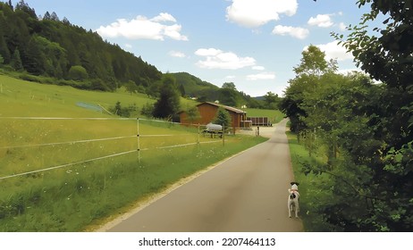 Road passing through a small village in Germany. Sunny summer view. Vector image.