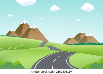 Road path with against the background of landscape with mountains. travel route. vector illustration.