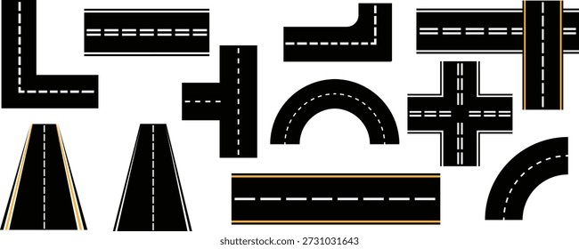 Road path with different bends. Big set of asphalt road curves, turns, bankings, and perspectives. Bending road, The road connects the cities. Vector illustration isolated on white background.