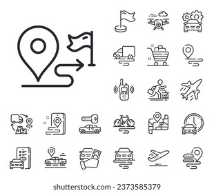 Road path sign. Plane, supply chain and place location outline icons. Journey line icon. Route map distance symbol. Journey line sign. Taxi transport, rent a bike icon. Travel map. Vector