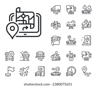 Road path sign. Plane, supply chain and place location outline icons. GPS map line icon. Journey route device symbol. Gps line sign. Taxi transport, rent a bike icon. Travel map. Vector