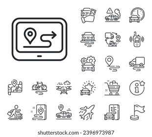 Road path sign. Plane, supply chain and place location outline icons. GPS route line icon. Journey map device symbol. Gps line sign. Taxi transport, rent a bike icon. Travel map. Vector