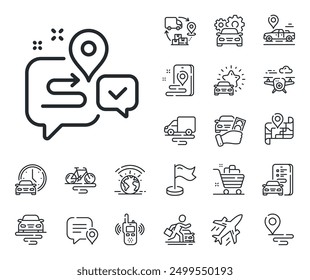 Road path sign. Plane, supply chain and place location outline icons. Journey line icon. Route map chat bubble symbol. Journey line sign. Taxi transport, rent a bike icon. Travel map. Vector