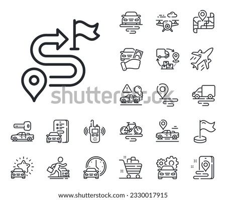 Road path sign. Plane, supply chain and place location outline icons. Journey line icon. Route map distance symbol. Journey line sign. Taxi transport, rent a bike icon. Travel map. Vector