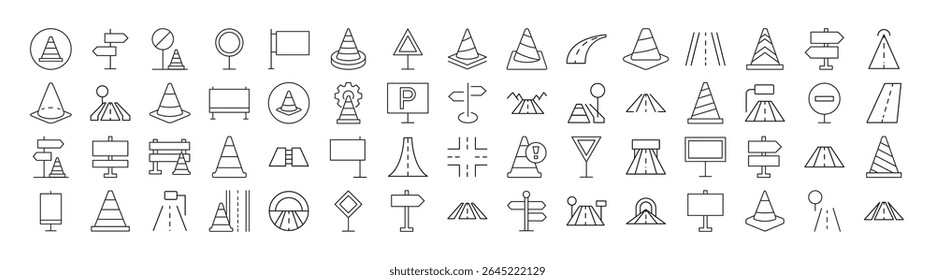 Conjunto De Ícones De Estrada, Caminho E Linha De Cone De Tráfego. Outline Signs para Gráficos e Web Design, Apps, Anúncios, Vários Cartões 