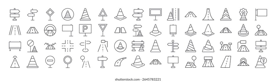 Coleção De Ícones De Estrada, Caminho E Linha De Cone De Tráfego. Outline Signs para Gráficos e Web Design, Apps, Anúncios, Vários Cartões 