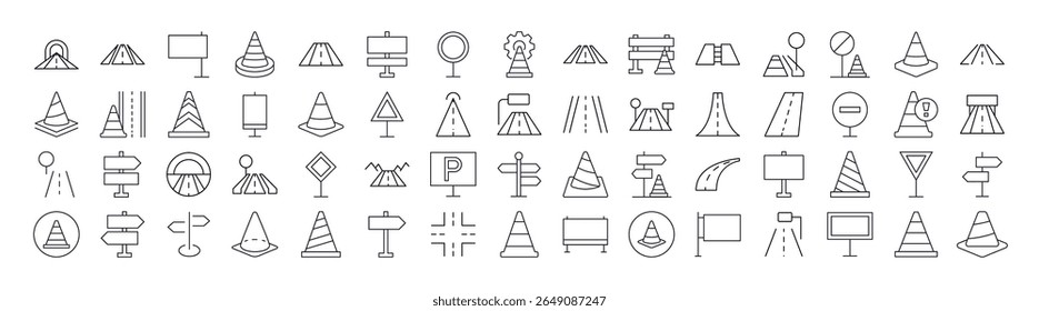 Road, Path, Traffic Cone Line Icon Bundle (Estrada, Caminho, Conjunto De Ícones Da Linha Do Cone De Tráfego). Outline Signs para Gráficos e Web Design, Apps, Anúncios, Vários Cartões 