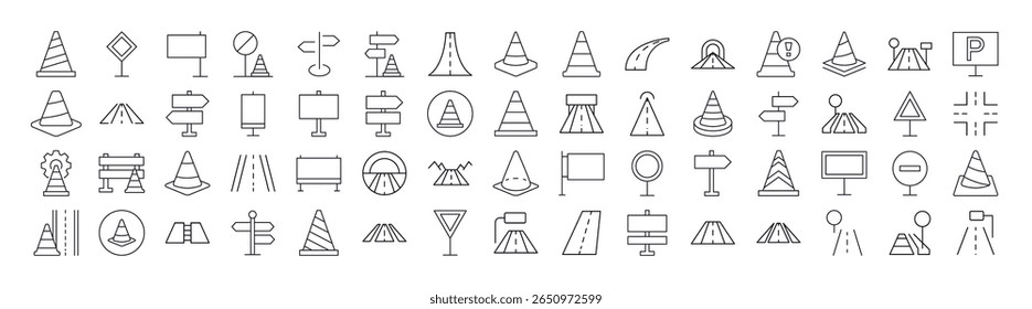 Conjunto de ícones de linha fina de estrada, caminho e cone de tráfego. Outline Signs para Gráficos e Web Design, Apps, Anúncios, Vários Cartões 