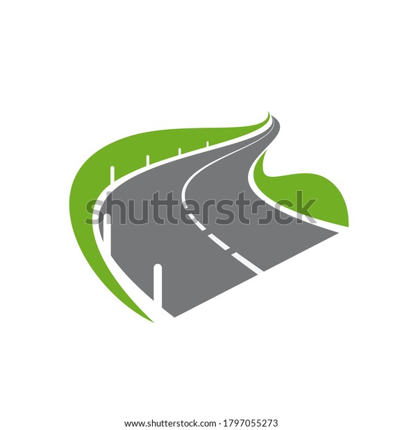 Road, pathway or highway isolated vector icon.\
Modern paved curve road or highway with fencing on roadside and\
green fields disappearing into the distance. Car trip or\
transportation design\
symbol