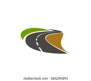 Road, pathway, highway vector icon. Winding paved road running through green fields with grassy roadside. Travel or transportation service design element, curve driveway isolated on white background