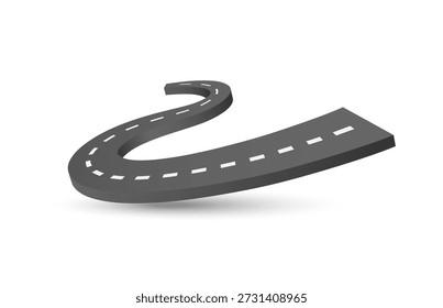 The road is paved in black with white dotted lines. The road is curved, vector 3d illustration isolated on white background for logistics, transport, delivery advertising design