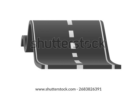 The road is paved in black with white dotted lines. The road is curved and has a high slope, vector 3d isolated on white background for logistics, transport, delivery advertising design